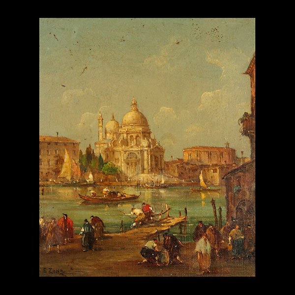 E ZENO "Santa Maria della Salute" Oil on canvas: E. ZENO (Italian 18th/19th Century) "Santa Maria della Salute" Oil on canvas laid to masonite. 12 x 10.5 inches/ 30.5 x 21.6 centimeters. Signed lower left "E. Zeno" Frame: 15.75 x 14 inches/ 40 x 35.