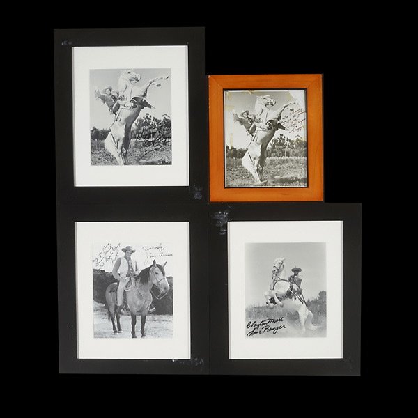 Four Signed works by Roy Rogers, Clayton Moore, etc: Four works: "Roy Rogers & Trigger"; "The Lone Ranger & Silver" & "Gunsmoke, Marshal Matt Dillon" (American 20th Century) Three offset lithographs & one photograph. Sight: 9.5 x 7.5 inches/ 24.1 x 19 c