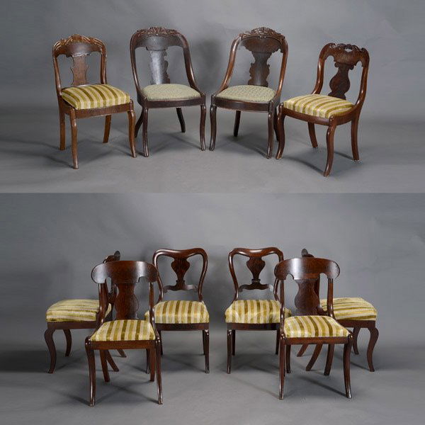 Assembled Suite of Ten Victorian Dining Chairs: Assembled Suite of Ten Victorian Dining Chairs: comprising a set of four fancy chairs with vasiform splats; three gondolier chairs; three with floral crests {Height of tallest 33 x 18 x 18 inches} [On