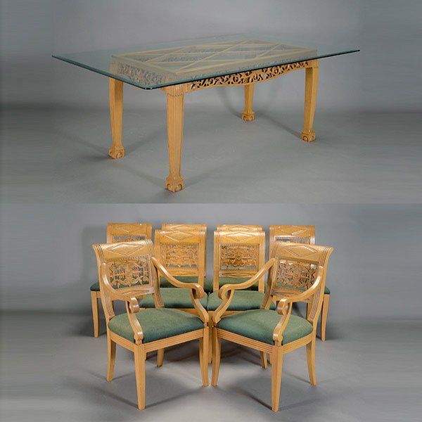 Dining Suite with Glass Top Dining Table: Dining Suite Including Glass Top Dining Table, Six Dinning Chairs, and Two Armchairs {Dimensions of table 31 1/4 x 85 x 48 inches; armchair 37 1/2 x 21 x 20 1/2 inches}