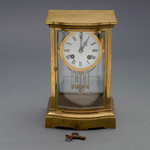 French Brass and Beveled Glass Mantle Clock: French Gilt Brass and Beveled Glass Mantle Clock with Porcelain Face, stamped H&H {Height 9 3/4 inches} [Key, mercury pendulum]