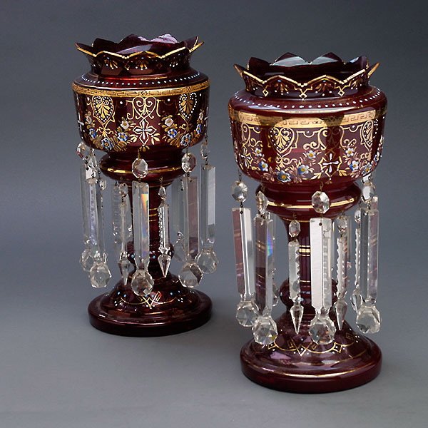 Pair of Bohemian Glass Girandoles: Pair of Bohemian Glass Girandoles with Painted Floral Sprays and Hung with Lustres {Height 14 1/2 inches}