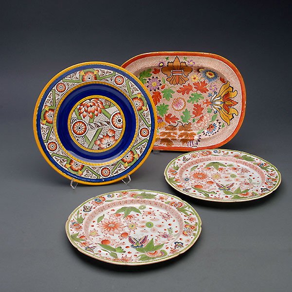 Six Mason's Plates, Tray, and a Wedgwood Plate: Suite of Six Mason's Ironstone Plates and a Matching Tray with Fishscale Reserves, and a Wedgwood Plate with Rosettes (8) {Diameter of mason's plates 9 3/4 inches; length of tray 12 1/2 inches}