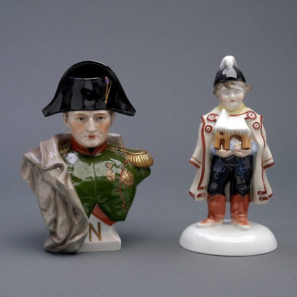 Herend Figure of Boy and a Bust of Napoleon: Capodimonte Style Porcelain Bust of Napoleon Together with Herend Figure of Boy {Height of boy 8 1/2 inches}