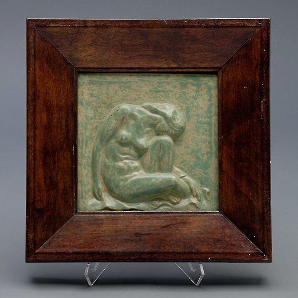 American Green Art Pottery Tile of a Seated Nude: American Green Glazed Art Pottery Tile of a Seated Nude, with frame {Dimensions of tile 6 x 6 inches; in frame 10 x 10 inches}