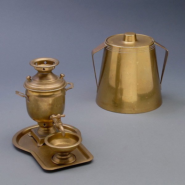 Modern Brass Ice Bucket and a Miniature Samovar: Italian Made Modernist Brass Ice Bucket and a Miniature Samovar, fitted with cup and tray {Height of ice bucket 7 inches}