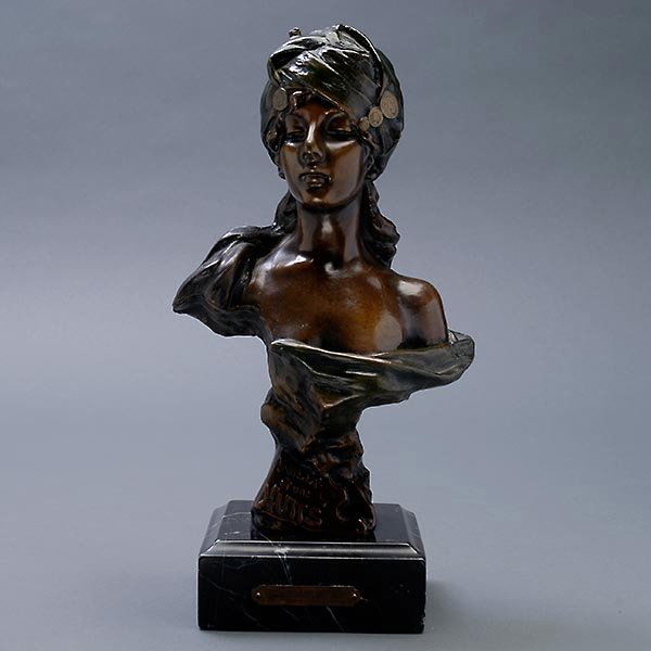 Art Nouveau Style Bronze Bust on Marble Stand,: Art Nouveau Style Bronze Bust on Marble Stand, inscribed "Mille June Nuits", with plaque reading "Mille June Nuits par Villanis" {Height 11 1/4 inches}