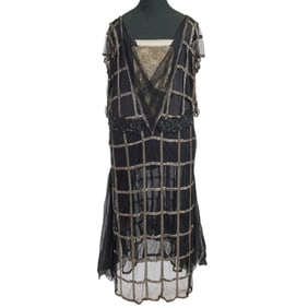 Black Chiffon, Silver Lame, Grid Beaded Flapper Dress