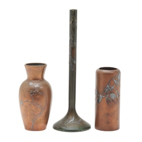 Three Heintz Arts and Crafts Silver on Copper Vases