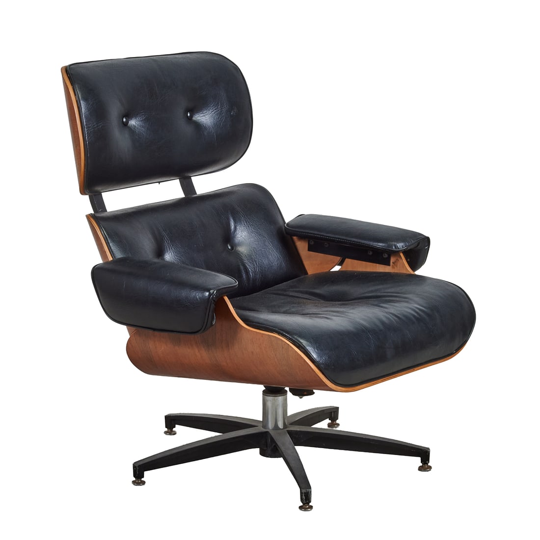 Eames for Herman Miller Style Lounge Chair.: Eames for Herman Miller Style Lounge Chair.; With black leather upholstery.; {Approximate dimensions:; 36 high x 31 wide x 32 deep.}.