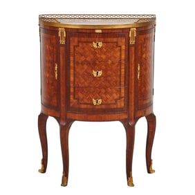 French Transitional Style Marble Top Demilune Cabinet
