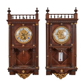 19th Century French Mougin Walnut Clock and Barometer Pair
