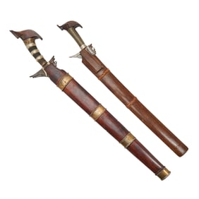 Two Indonesian Kris Damascus Steel Swords with Figural Handles