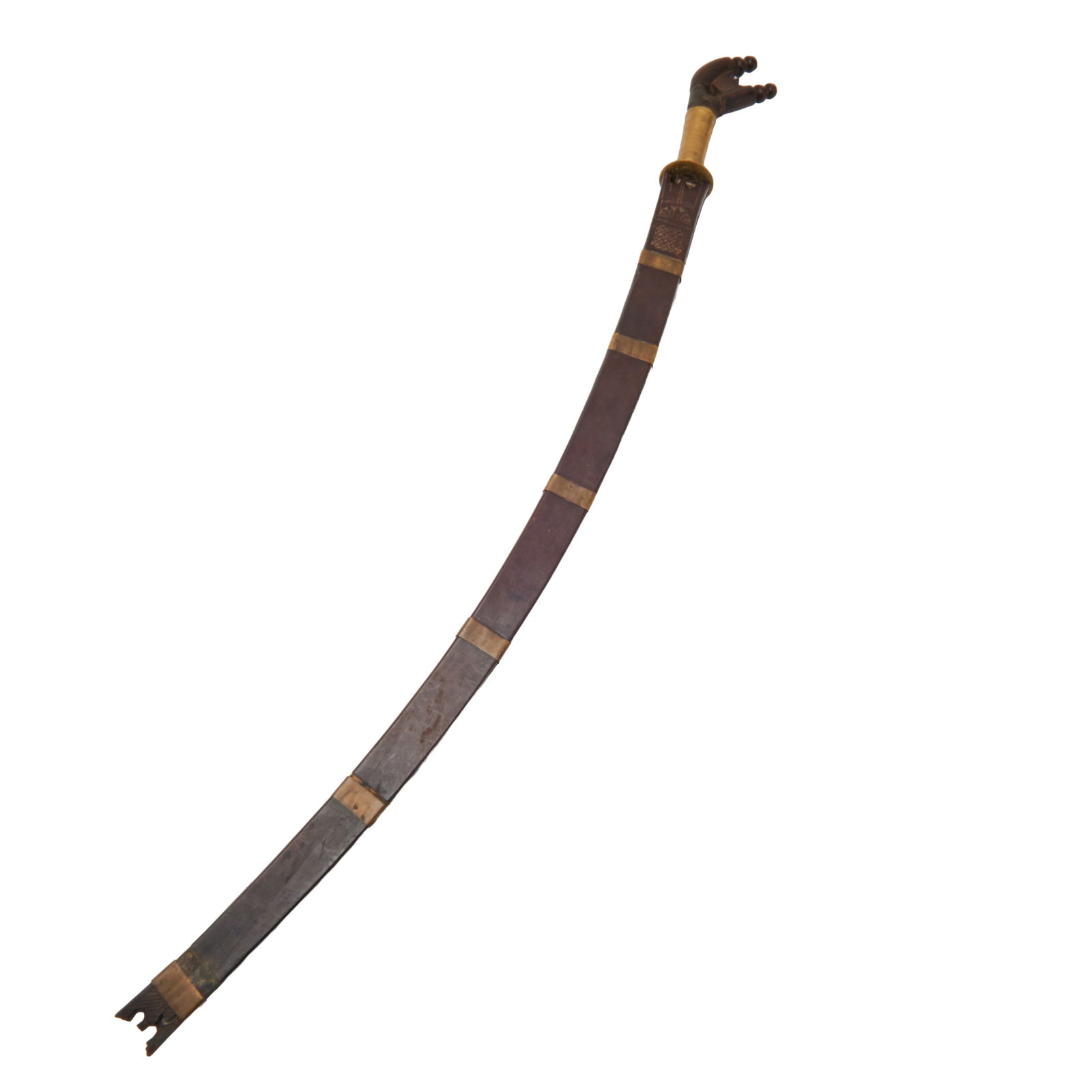 Indonesian Kalimantan Pakayun Sword with Damascus Blade: Indonesian Kalimantan Pakayun Sword with Damascus Blade.; Wood sheath with brass bands and relief carved decoration, the swored with curved Damascus blade, brass grip, and carved wood pommel with wove