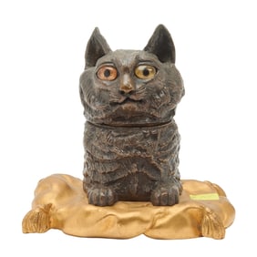 Antique Bronze Figural Cat Inkwell