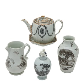 Five Worcester Porcelain Black Painted or Transfer Printed Articles including Vase