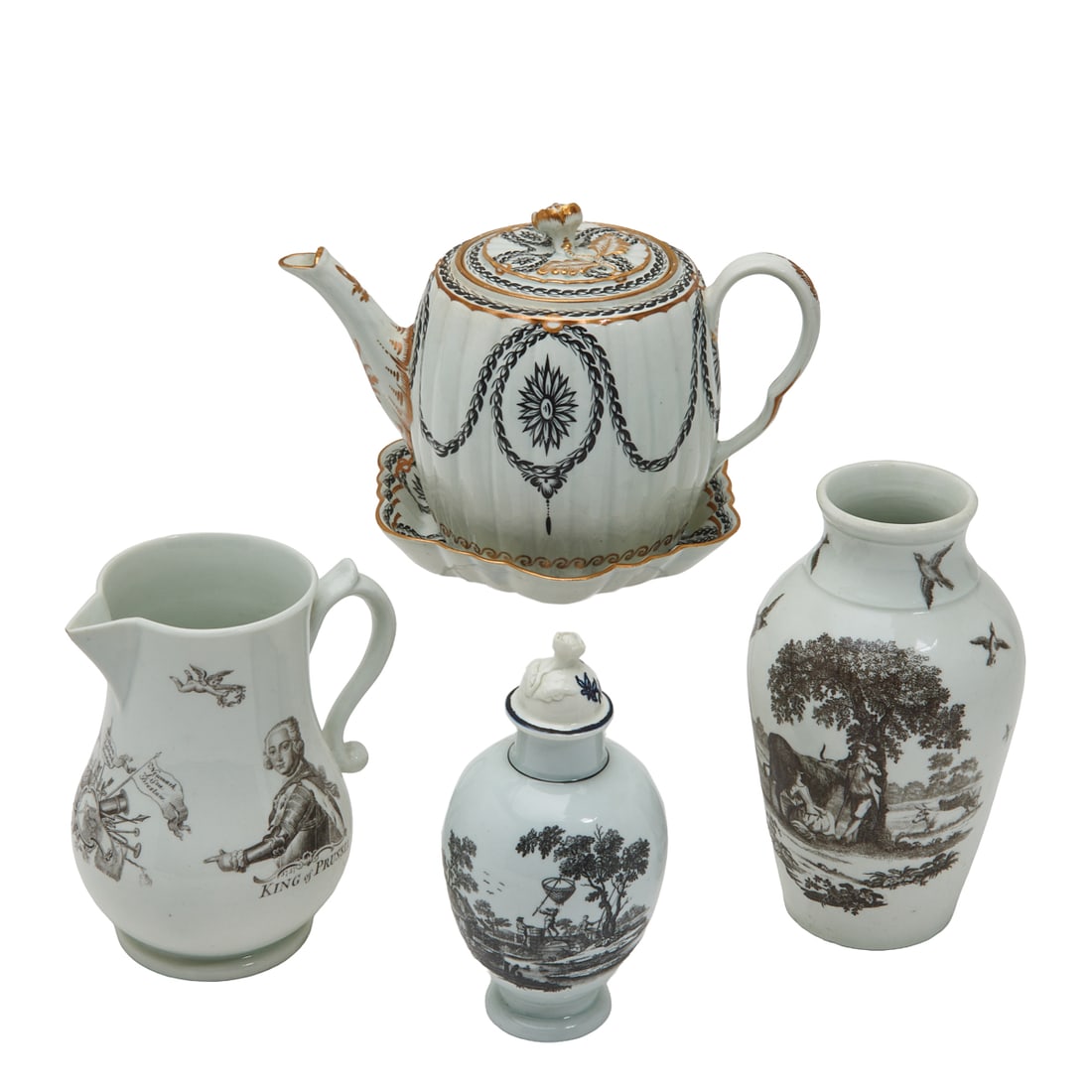 Five Worcester Porcelain Black Painted or Transfer Printed Articles including Vase (1 of 3)