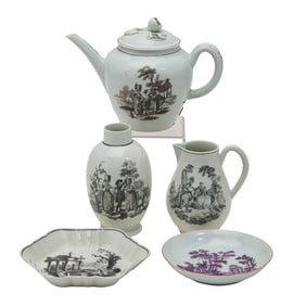 Five Worcester Porcelain Black or Purple Transfer Printed Teawares