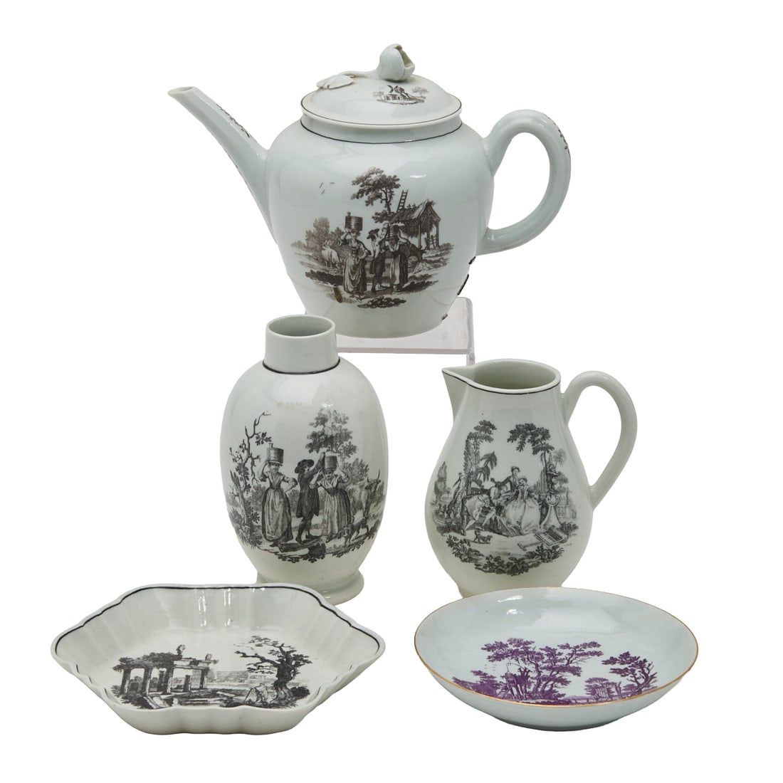 Five Worcester Porcelain Black or Purple Transfer Printed Teawares (1 of 4)