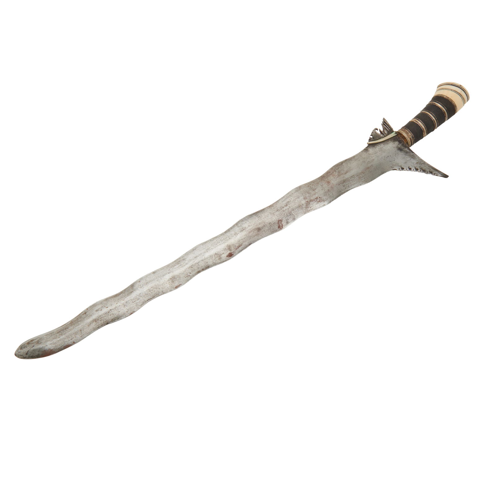 Filipino Moro Kris Sword: Filipino Moro Kris Sword.; Wavy blade, the bone handle with wire wrapped and silver banded grip, engraved silver pommel.; 19th century.; {Approximate dimensions:; 24 1/4 long.}.