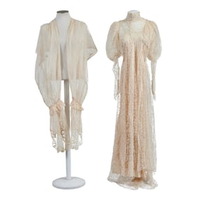 Ecru Lace Wedding Dress, Slip, and Lace Scarf