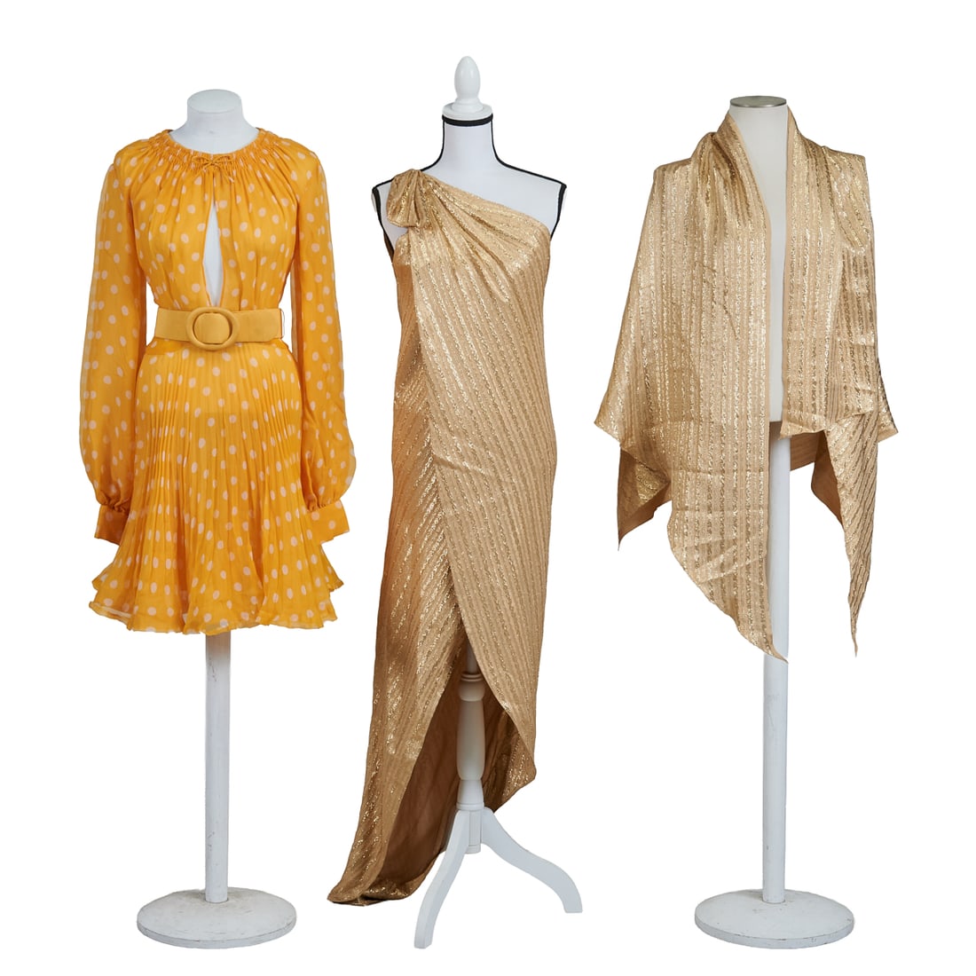 Three Arnold Scaasi Couture Dresses including One Shoulder Evening Sheath: Three Arnold Scaasi Couture Dresses including One Shoulder Evening Sheath. Comprising of yellow and white printed chiffon pleated flare dress, with belt; orange, pink and red silk chiffon flouncing ha