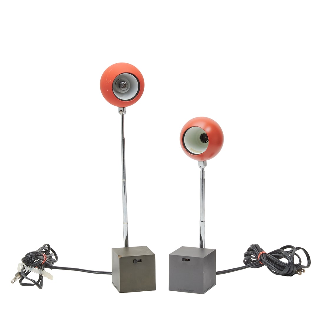 Two Vintage Michael Lax for Lightolier Telescopic Desk Lamps: Two Vintage Michael Lax for Lightolier Telescopic Desk Lamps.; Black metal bases, polished chrome finish telescopic stems, and red ball form single light lamps; with off, dim, and bright settings.; LI