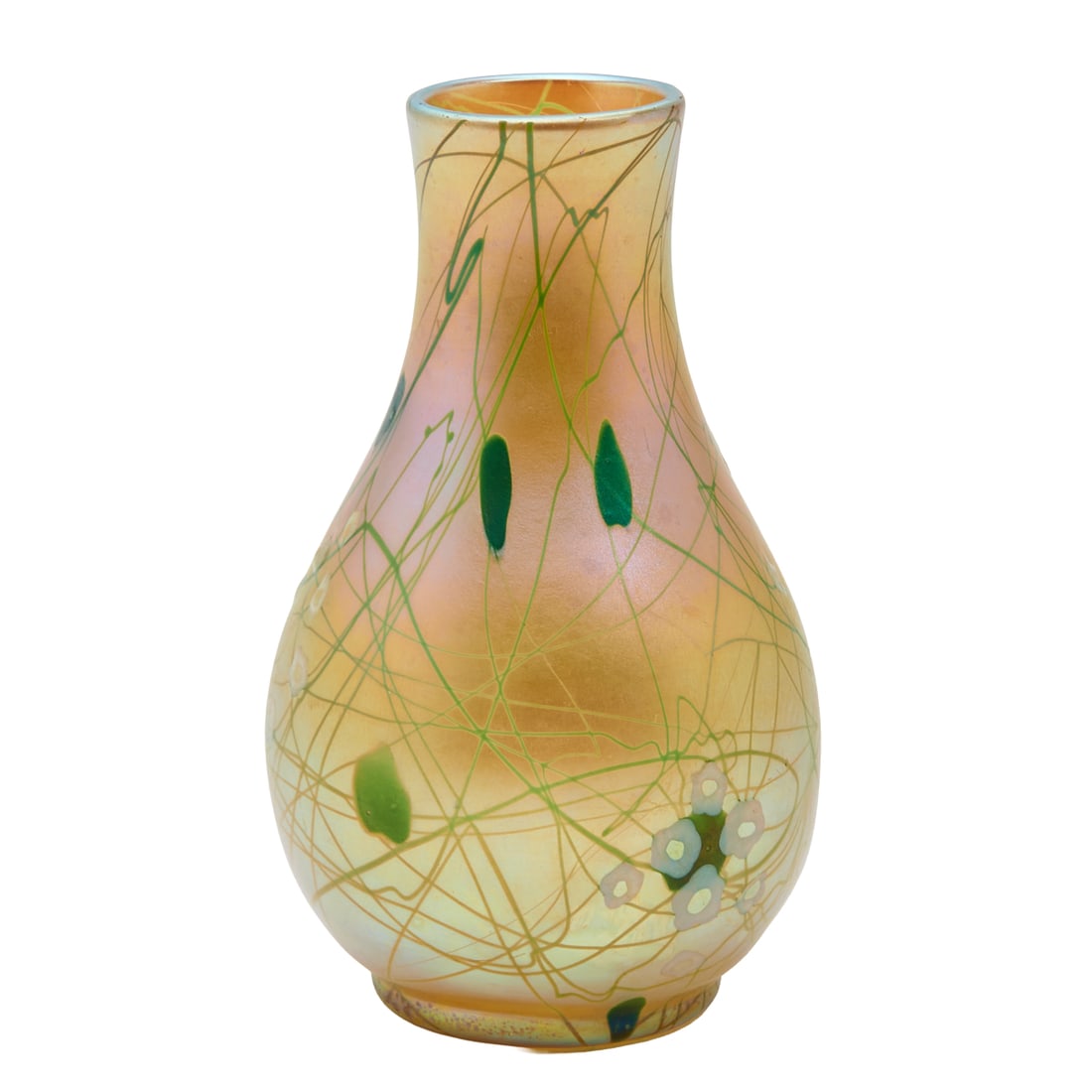 Steuben Iridescent Glass Hearts and Vines Vase: Steuben Iridescent Glass Hearts and Vines Vase.; Iridescent yellow glass, with green and white hearts and vines motif, mouth with slightly flared rim, wide neck, tapering to bulging body, round foot;