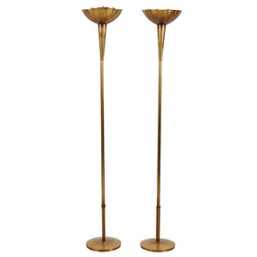 Pair of Brass Art Deco Style Torchiere Floor Lamps