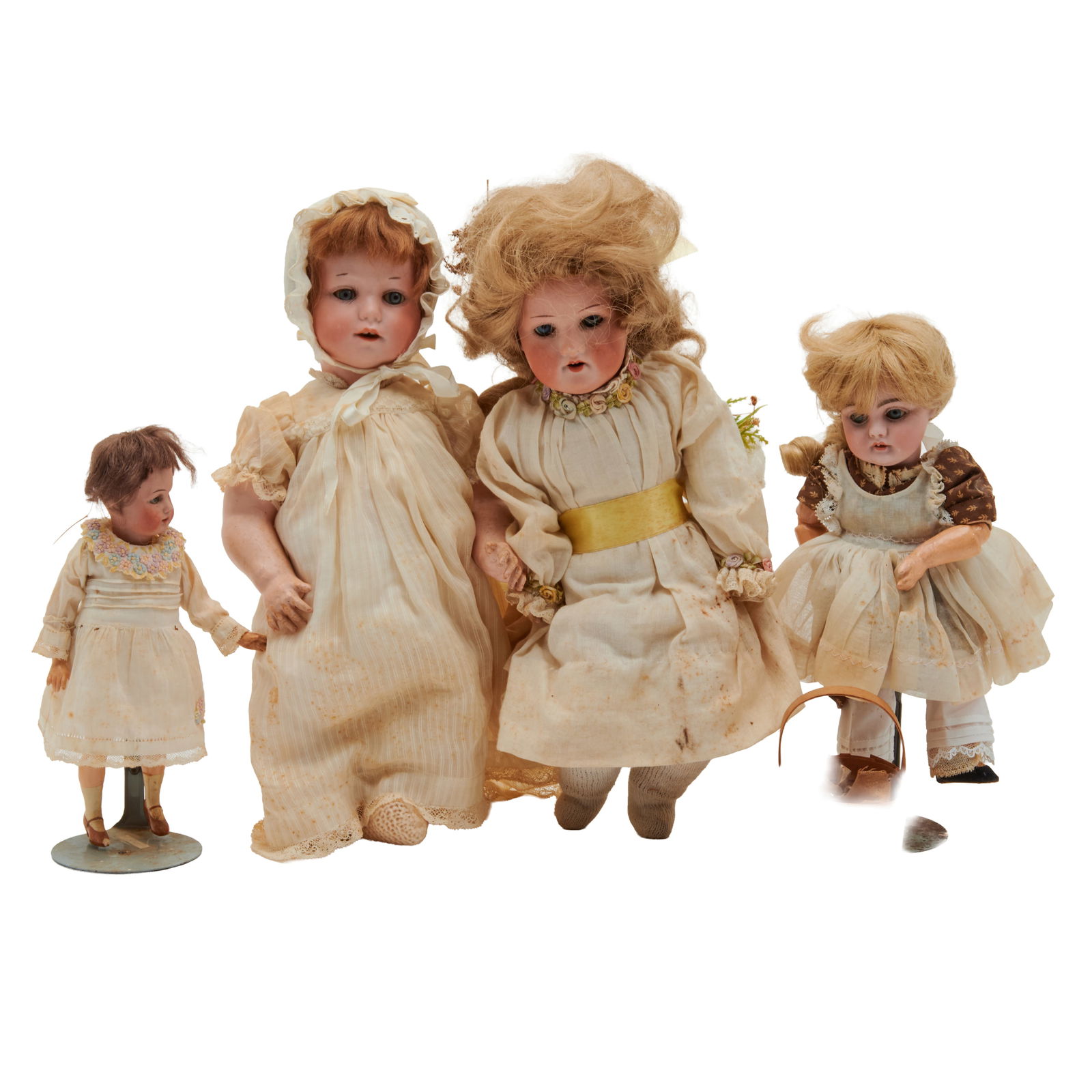 Four Bisque Head Dolls of Small Proportions including Armand Marseille: Four Bisque Head Dolls of Small Proportions including Armand Marseille, blue eyes, the back of head marked Armand Marseille Germany 370; another Armand Marseille Character Doll, blue eyes, marked to b