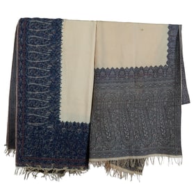 Two Scottish Off White Paisley Shawls Woven with Blue and Red Borders