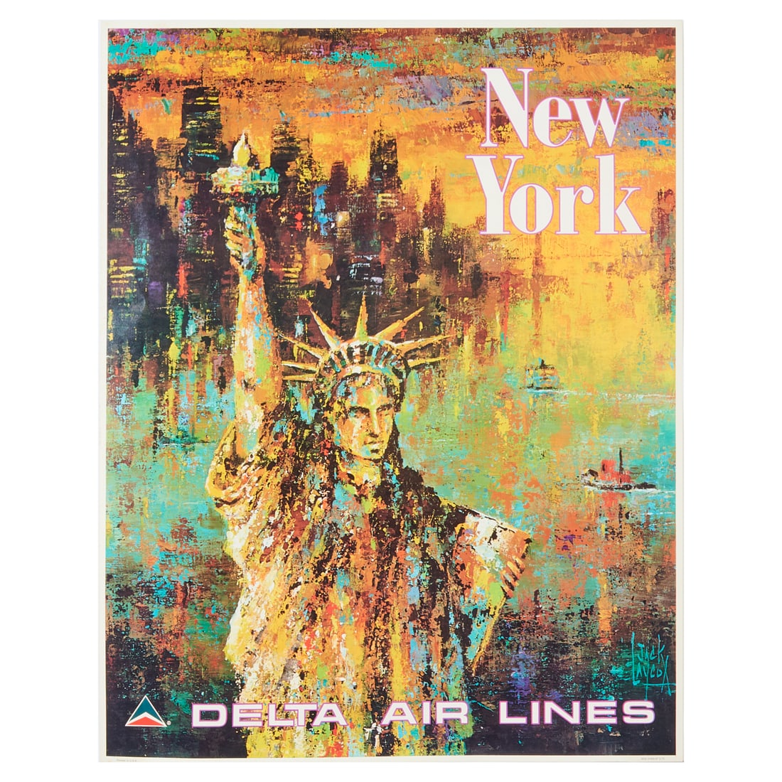 1970s Jack Laycox for Delta Airlines Travel Poster, New York: 1970s Jack Laycox for Delta Airlines Travel Poster, New York.; Jack Laycox (American, 1921-1984); lower left margin with Printed in U.S.A., lower right margin with 0432 01092-97 5/75.; {Approximate di