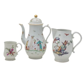 Three Early Derby Porcelain Painted Tablewares including a Cider Jug