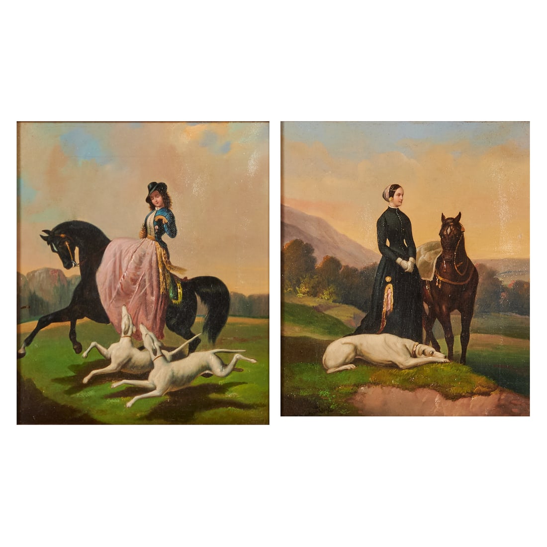 After Alfred de Dreux, Two Oils on Canvases: After Alfred de Dreux (France, 1810-1860), two oils on canvases,;(i) Woman Standing with Horse and Greyhound, unsigned; and (ii) Woman Riding with two Greyhounds, unsigned,;[approximate dimensions - s