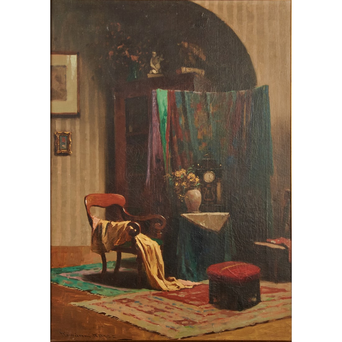 Endre Komaromi Kacz, Interior, Oil on Canvas: Endre Komaromi Kacz (Hungarian,1880-1969), Interior Scene, oil on canvas, [approximate dimensions - sight: 27 H x 19 W], signed lower left.;