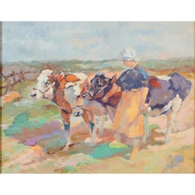 Carol Peek, Woman with Cows, oil on board