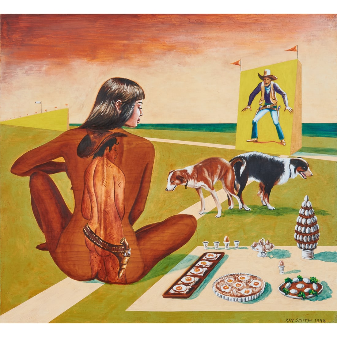 Ray Smith, Courtship, Mating and Breakfast, Oil on Wood: Ray Smith (American, born 1959), “Courtship, Mating and Breakfast,” 1998, oil on panel, [approximate dimensions - sight:;36” H x 36” W], signed and dated lower right; label ver