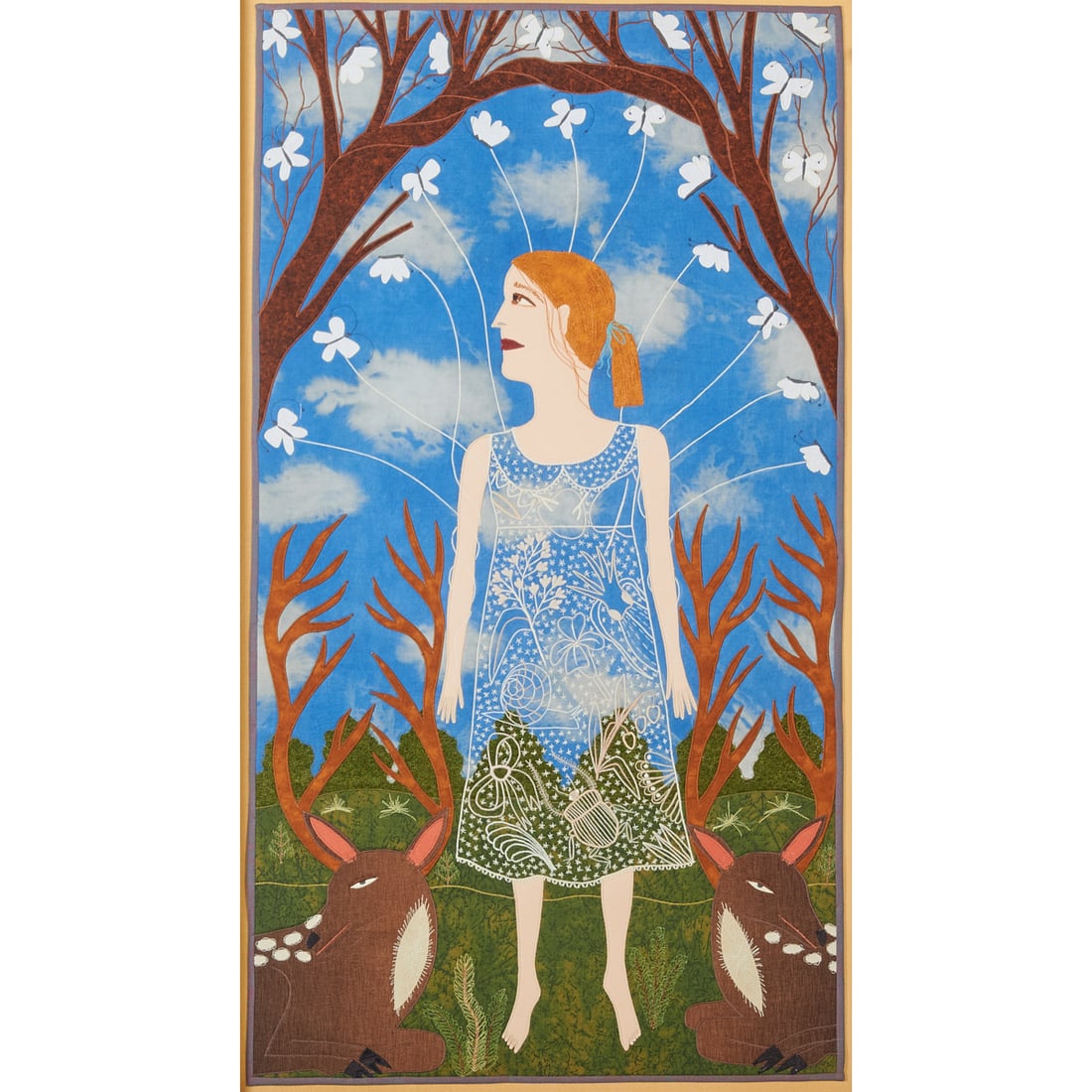 Chris Roberts-Antieau, Lifted, embroidered fabrics: Chris Roberts-Antieau (American, born 1951), Lifted, embroidered fabrics mounted on board, [approximate dimensions - sight: 37 H x 20 1/2 W], titled and signed on bottom of frame. Notes: The lot is ac