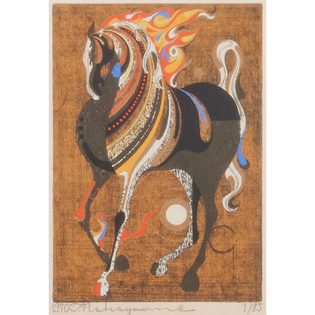 Tadashi Nakayama, Blazing Mane, Woodblock: Tadashi Nakayama (Japanese, 1927-2014), Blazing Mane, 1970, woodblock, [approximate dimensions - plate: 7 H x 5 W], numbered 1/85, signed, and dated at low margin; gallery label attached verso.;