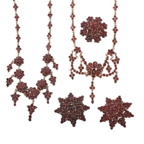 Collection of Five Bohemian Garnet, Glass, Gilt-Metal Jewelry Items