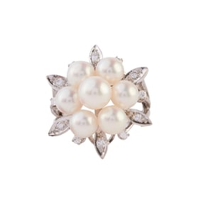 Cultured Pearl, Diamond, 14k White Gold Ring