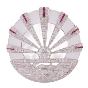 Diamond, Ruby, Frosted Rock Crystal Quartz, 18k White Gold Pendant Brooch