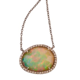 Opal, Diamond, Oxidized Silver Necklace