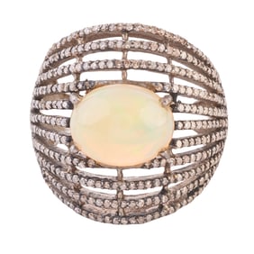 Opal, Diamond, Oxidized Silver Ring
