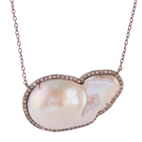 Baroque Cultured Pearl, Diamond, Oxidized Silver Necklace