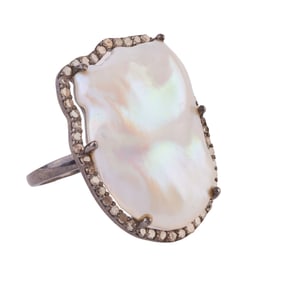 Baroque Cultured Pearl, Diamond, Oxidized Silver Ring