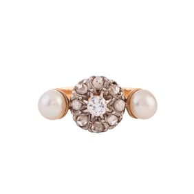 Vintage French Diamond, Cultured Pearl, Platinum, 18k Yellow Gold Ring