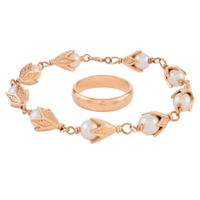 Cultured Pearl, 14k Yellow Gold Jewelry Suite