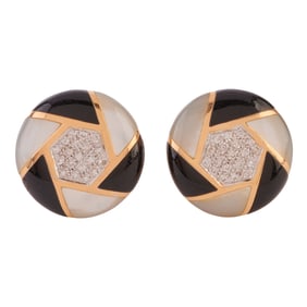 Pair of Diamond, Mother-of-Pearl, Black Onyx, 14k Yellow Gold Earrings