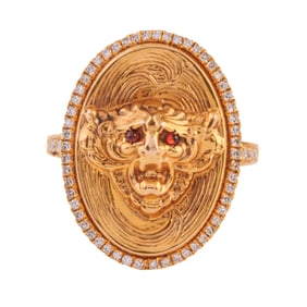 Diamond, Garnet, 14k Yellow Gold Mythical Beast Ring